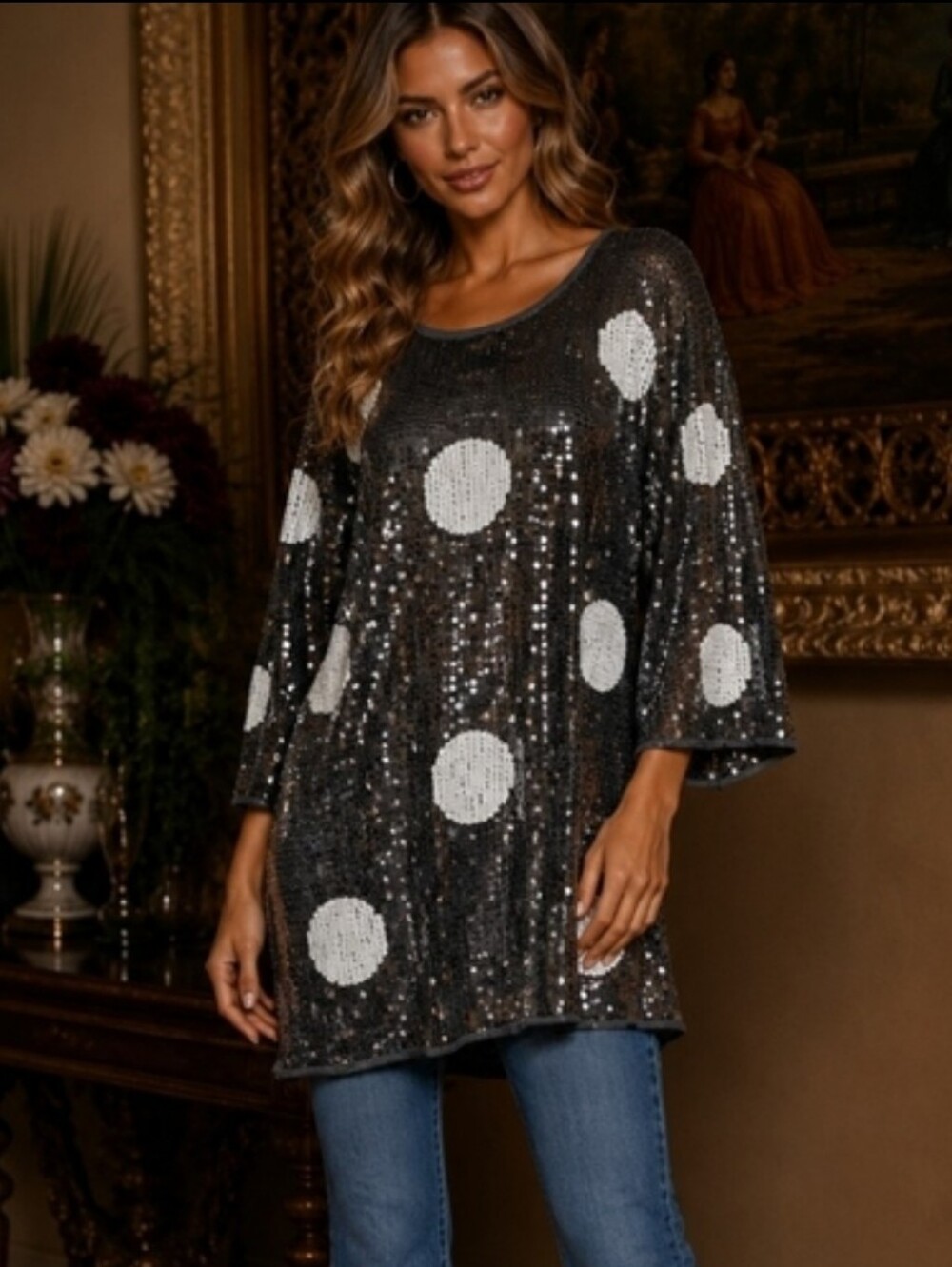 TWIGGY LONDON Black White Polka Dot Sequin Tunic Top XL Glam Party Oversized